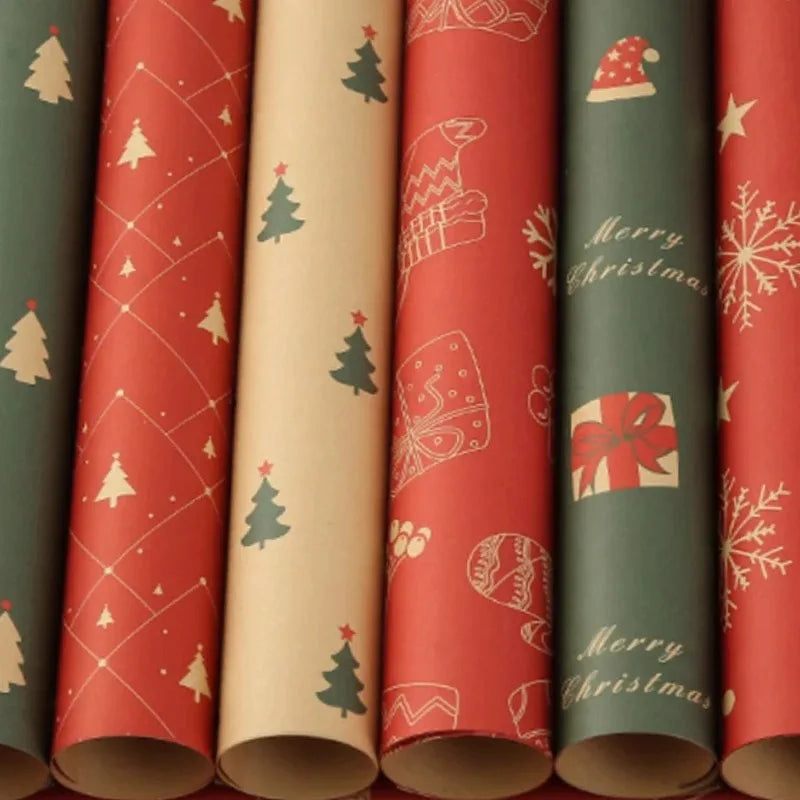 Rolls of festive Christmas kraft wrapping paper featuring red and green patterns with holiday designs