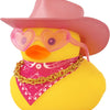 A yellow rubber duck wearing pink sunglasses and a pink cowboy hat with a gold chain around its neck.