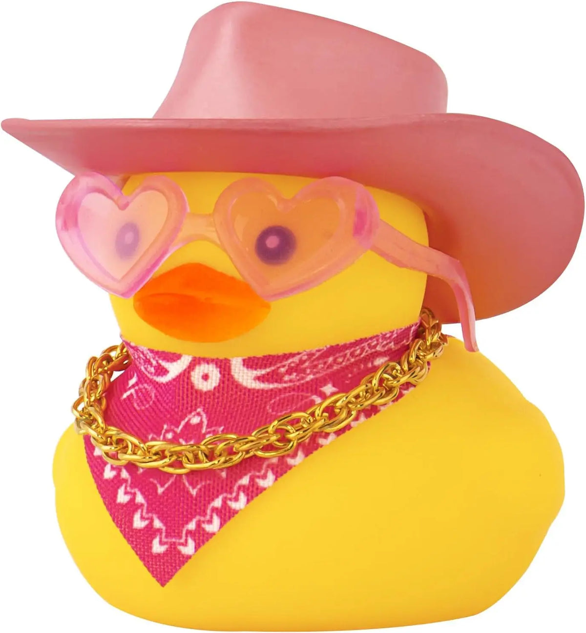 A yellow rubber duck wearing pink sunglasses and a pink cowboy hat with a gold chain around its neck.