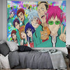 Anime tapestry wall hanging featuring multiple characters from The Disastrous Life of Saiki K