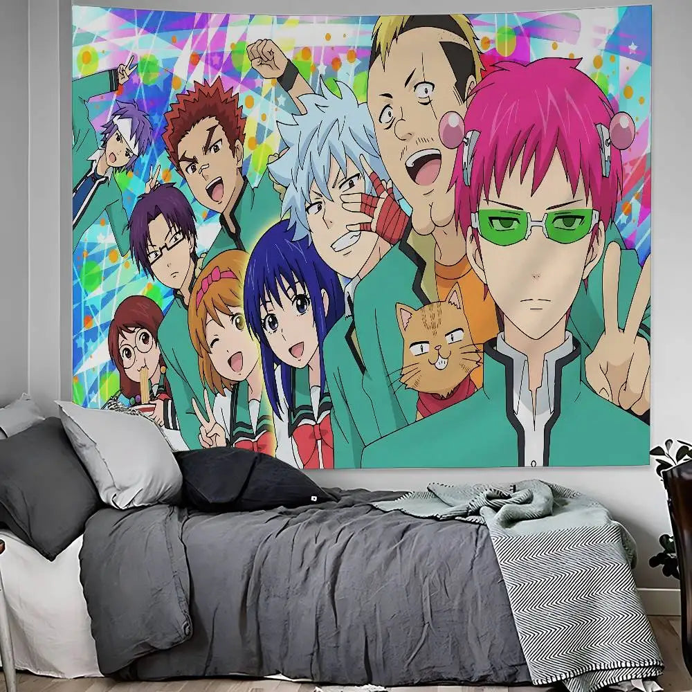 Anime tapestry wall hanging featuring multiple characters from The Disastrous Life of Saiki K