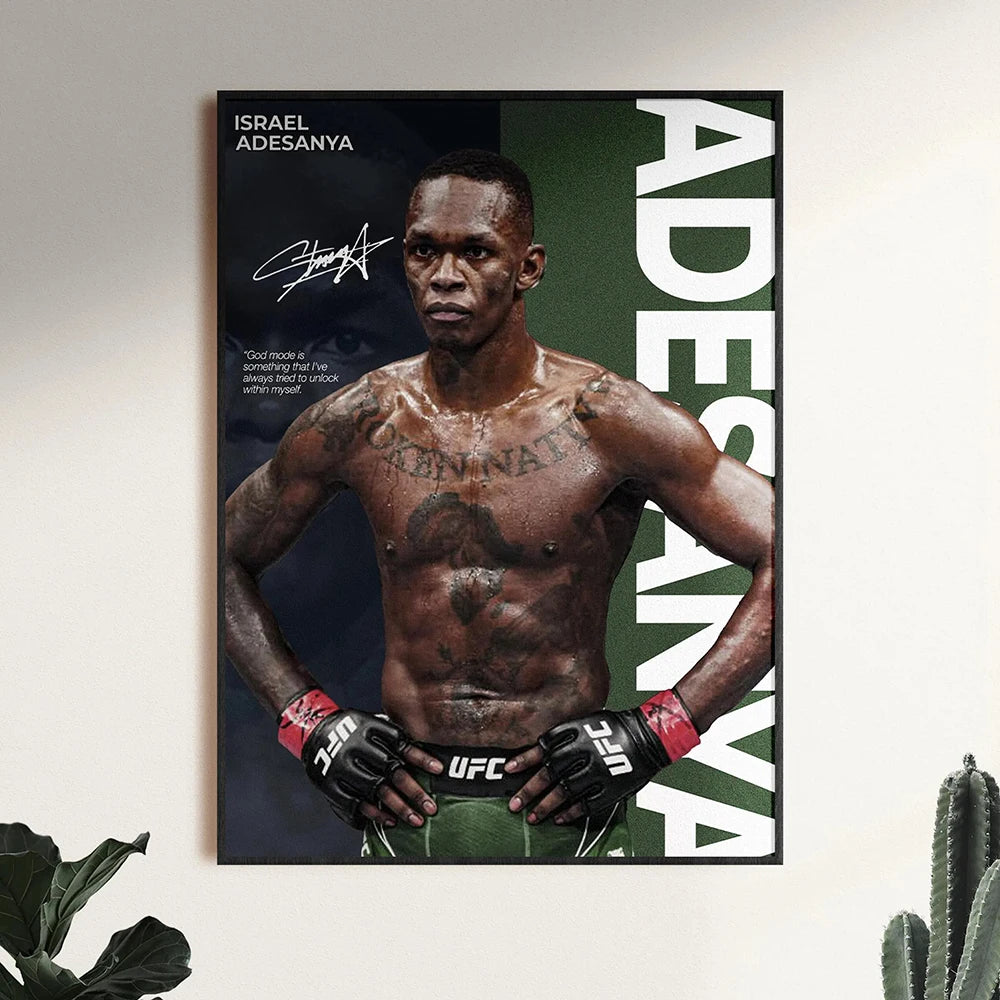 A portrait of Israel Adesanya in a UFC fighting stance, displayed as motivational canvas wall art.