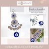 A silver blue evil eye pendant featuring a hand design and blue gemstone details.