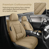 Tan faux leather car seat covers featuring diamond stitching installed in a dark vehicle interior.