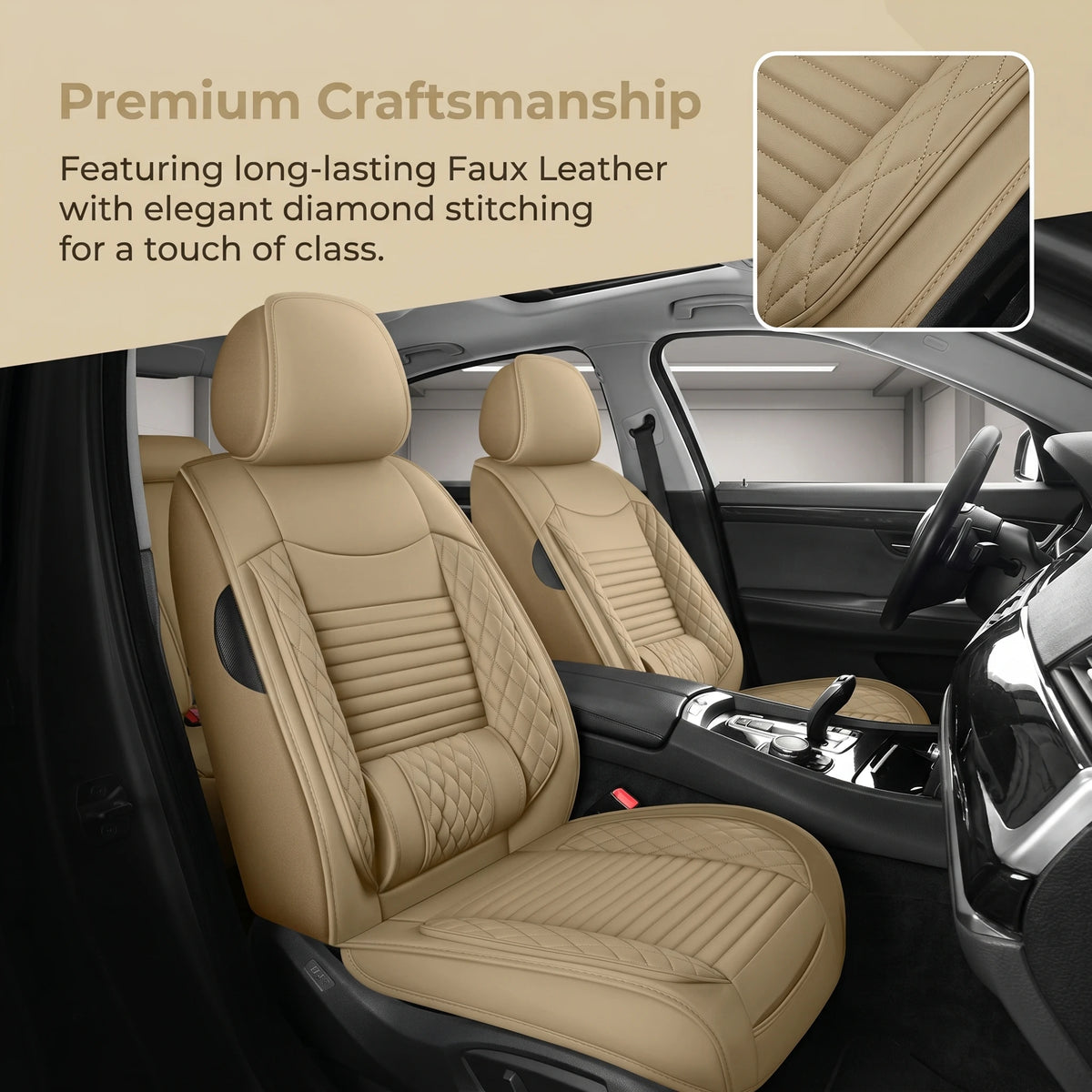 Tan faux leather car seat covers featuring diamond stitching installed in a dark vehicle interior.