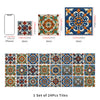A set of 24 self-adhesive waterproof wall tiles featuring intricate floral and geometric patterns in blue, orange, and green.