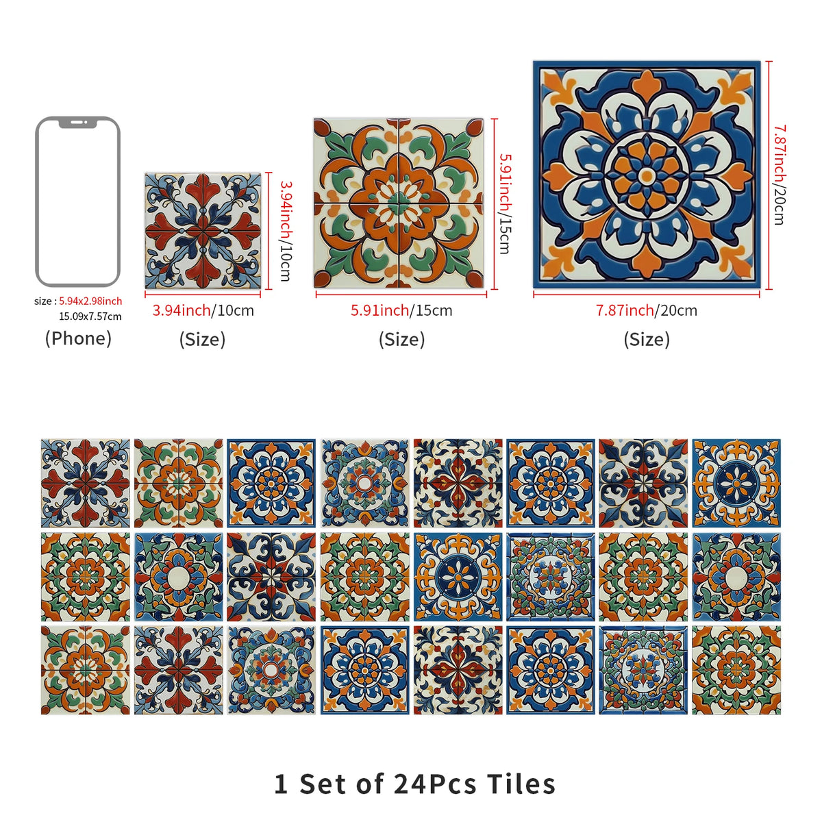 A set of 24 self-adhesive waterproof wall tiles featuring intricate floral and geometric patterns in blue, orange, and green.