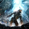 A dark, intense scene featuring a futuristic soldier standing amidst bright blue light and debris, with the Halo 4 logo at th