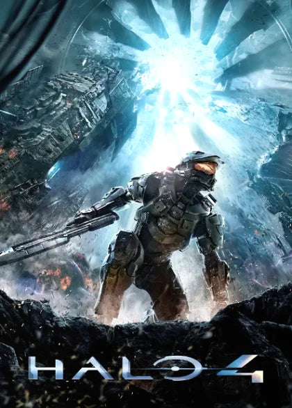 A dark, intense scene featuring a futuristic soldier standing amidst bright blue light and debris, with the Halo 4 logo at th