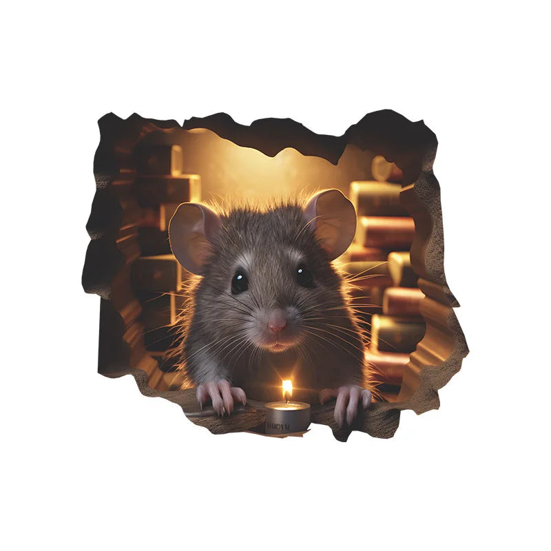 A small gray mouse peering out from a dark, rustic frame with a lit candle inside.