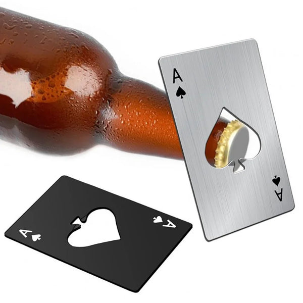 A stainless steel bottle opener with a spade shape is shown next to a brown glass bottle.