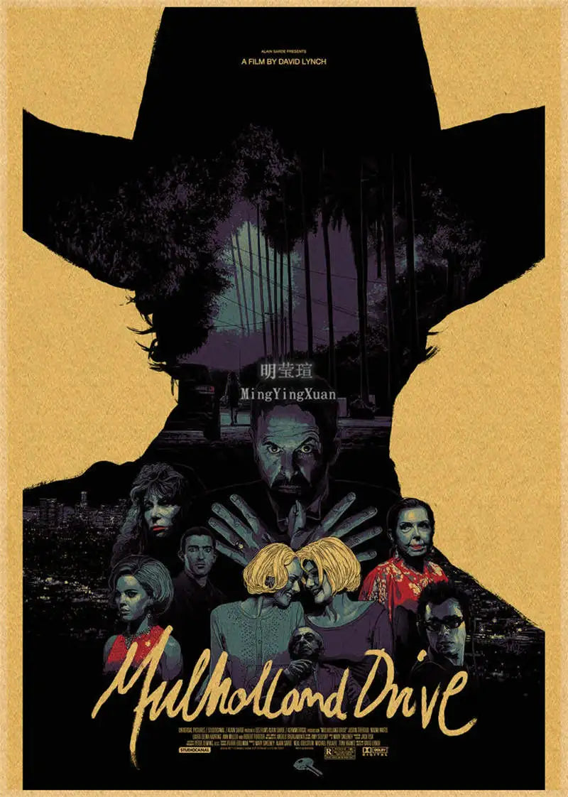 A vintage movie poster for Mulholland Drive featuring silhouetted figures and dark tones.