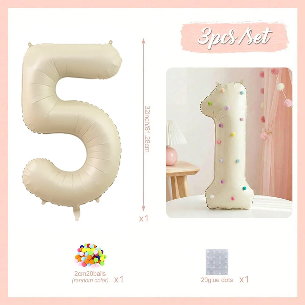 A set of three 32 inch milky white aluminum foil number balloons, including a large five, a one, and twenty glue dots.
