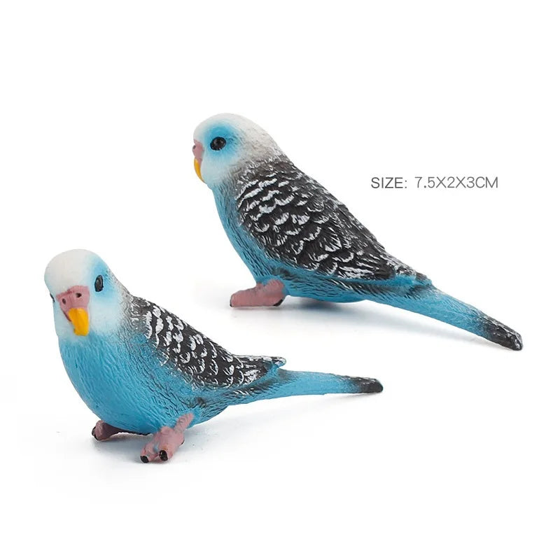 A hand-painted resin parrot figurine with blue and gray feathers shown from the side.