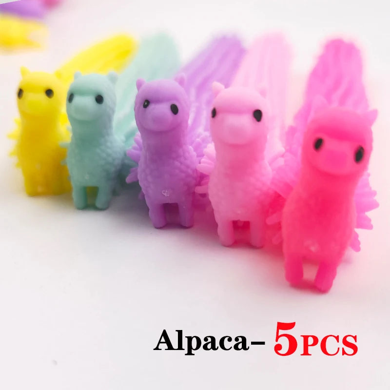 Five colorful alpaca-shaped stretch sensory fidget toys arranged in a row.
