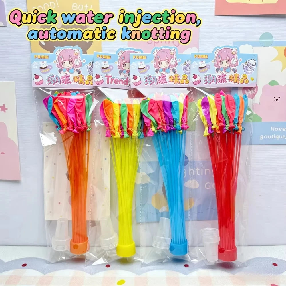 Pack of self-tying water balloons for kids in various bright colors like pink orange yellow and blue