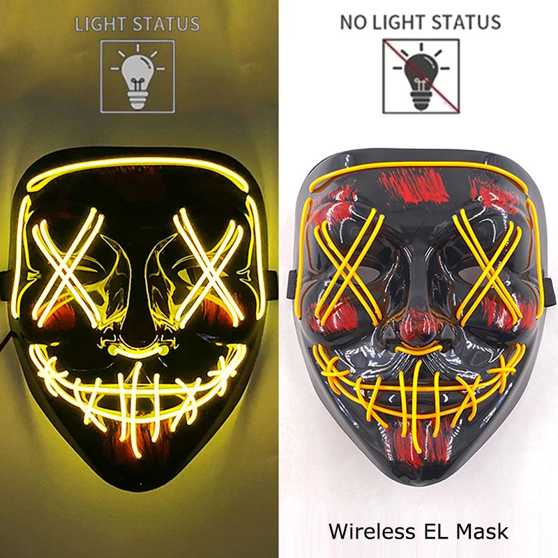 A black silicone mask with glowing yellow LED lines resembling a face, shown in light status and no light status.