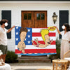 A large flag featuring a Beavis and Butt-Head meme design displayed outdoors.