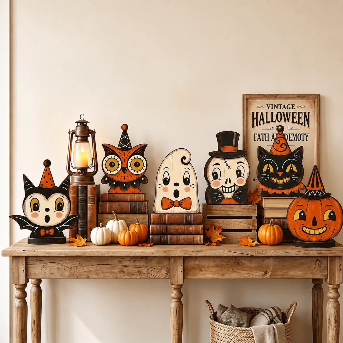 A collection of retro wooden block Halloween decor including a lantern, owl, Jack Skellington, and pumpkin figures.