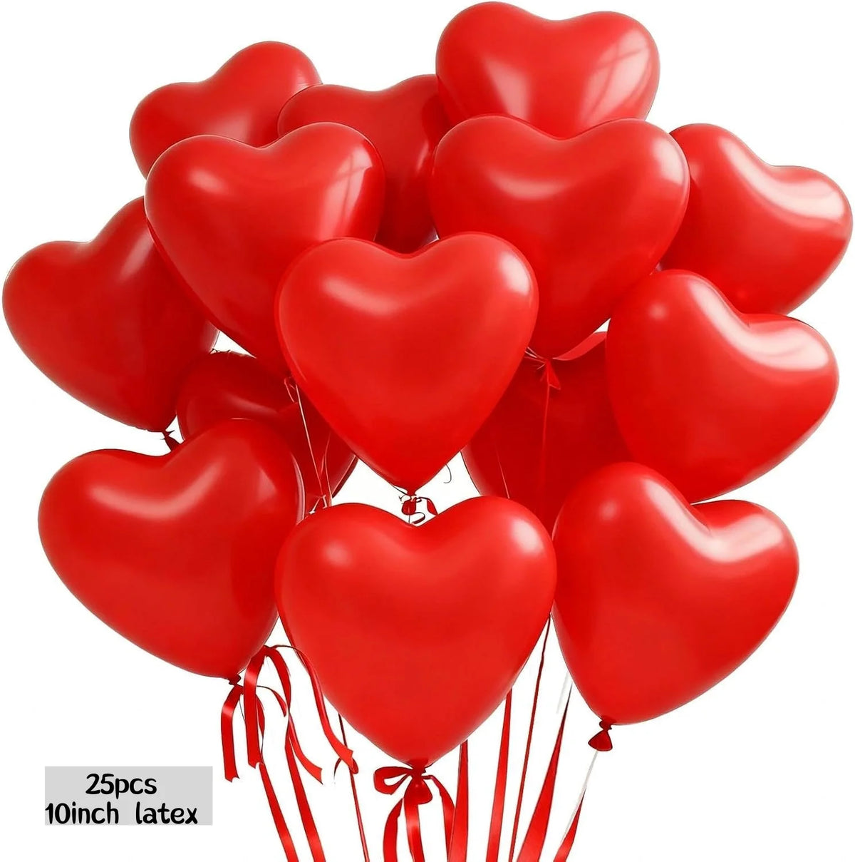 A set of red heart-shaped latex balloons with attached ribbons and rose petals for romantic celebrations.