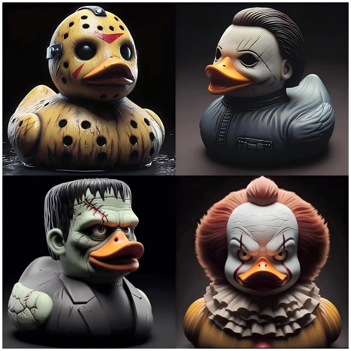 A collection of three horror movie icon duck figurines featuring distinct facial expressions and textures.