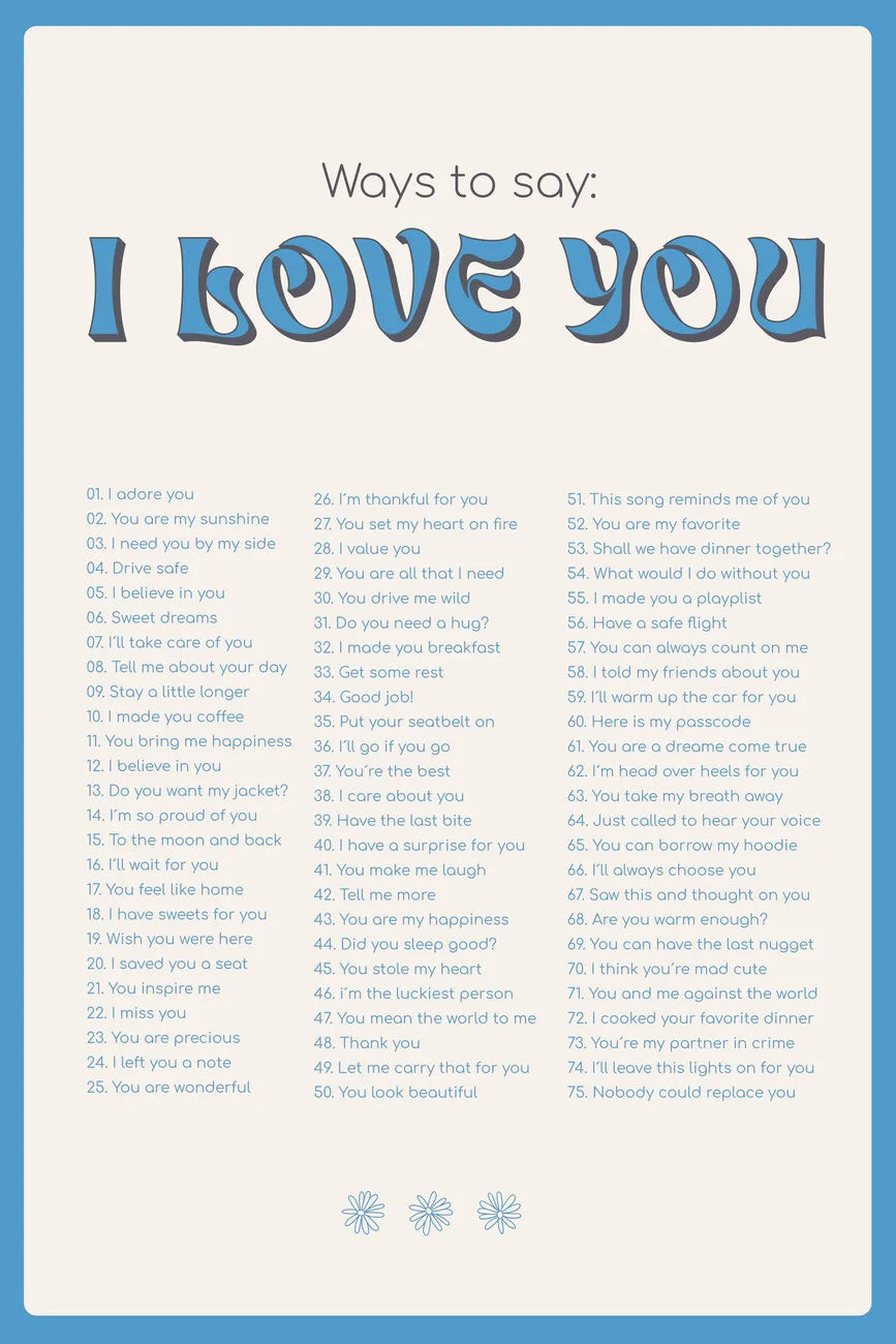 A list of ways to say I love you written in dark blue text on a light gray background.