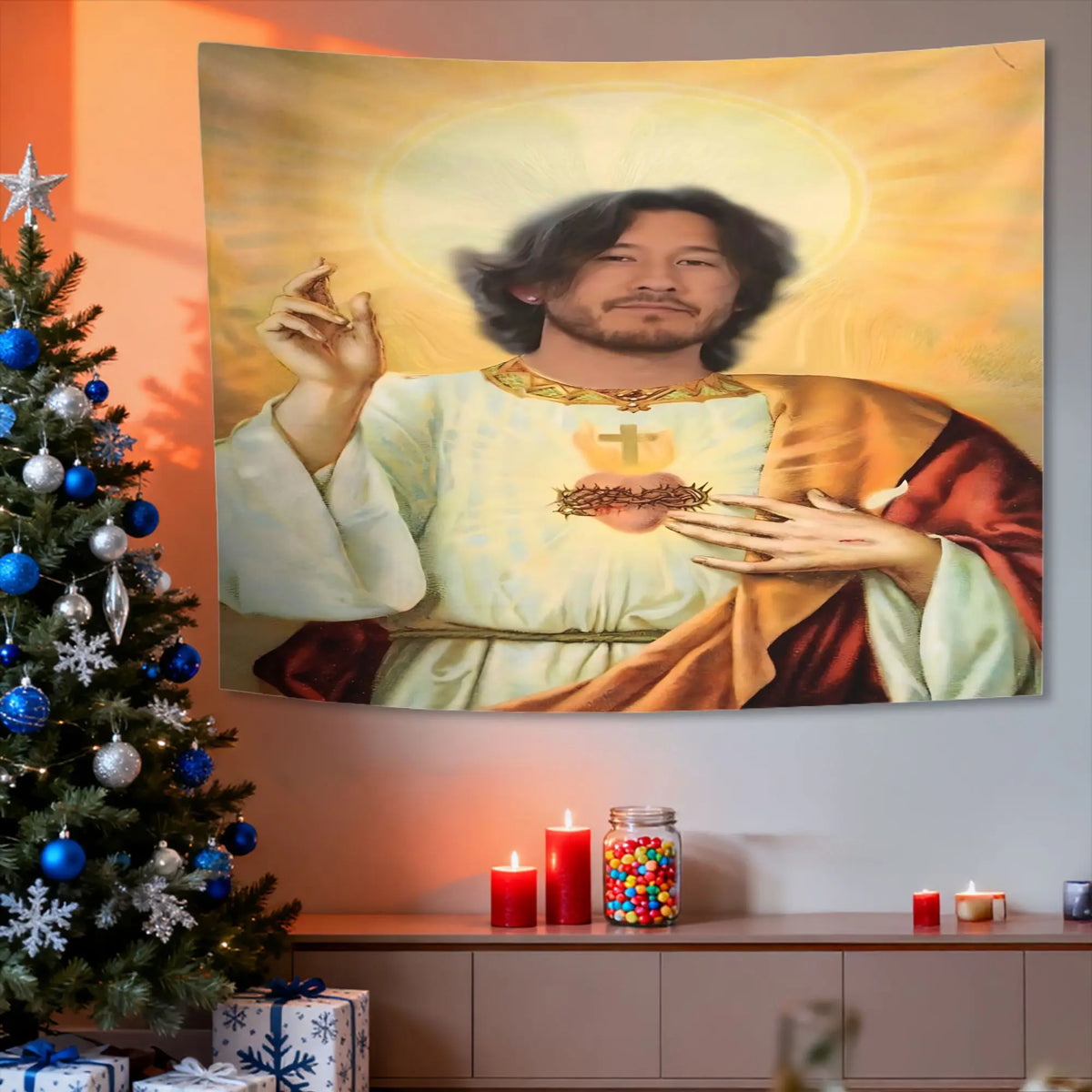 A painting of a man with dark hair and a beard in a golden halo, displayed next to a decorated Christmas tree.