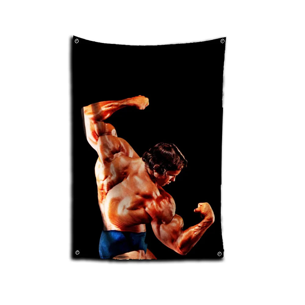 A muscular male bodybuilder flexing his arm and torso against a black background.