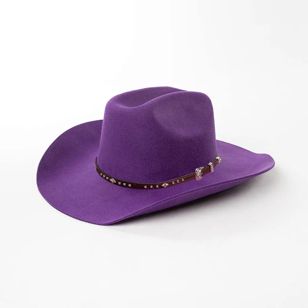 A purple wool cowboy hat with a studded leather band.