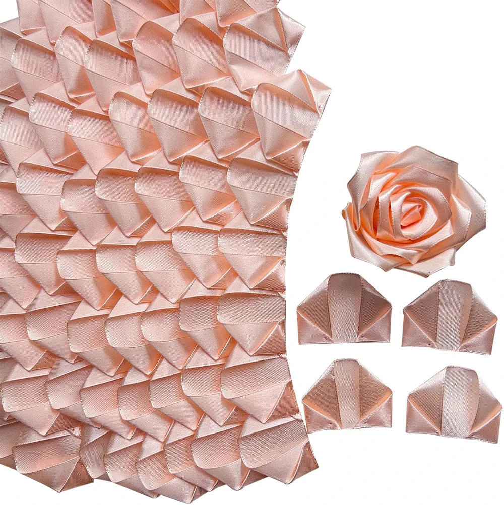 Pink satin ribbon rose petals cut into layered shapes for DIY flower bouquets