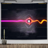 A dark wall hanging featuring abstract, wavy lines in pink and orange tones against a black background.