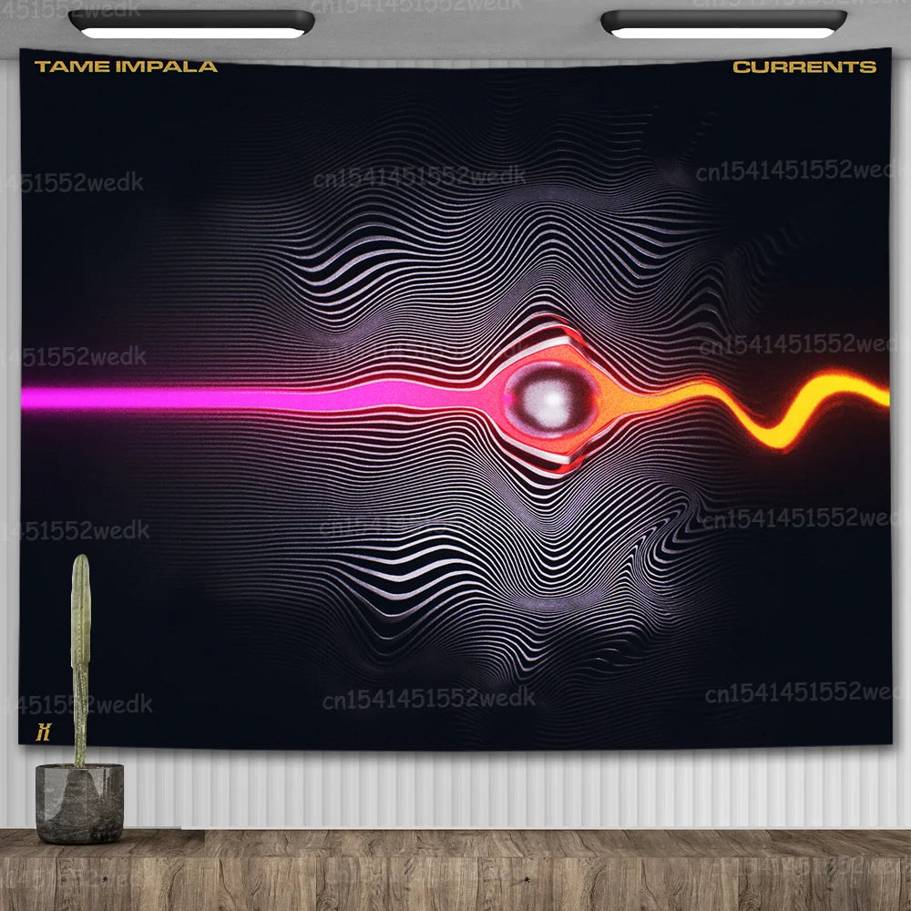 A dark wall hanging featuring abstract, wavy lines in pink and orange tones against a black background.