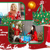 A woman holds a green festive Christmas tote bag with holiday designs against a red background.