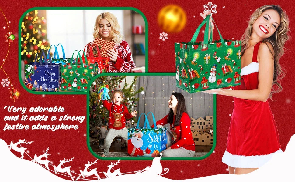 A woman holds a green festive Christmas tote bag with holiday designs against a red background.