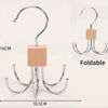 Silver foldable multi-claw hanger with a wooden block for closet organization
