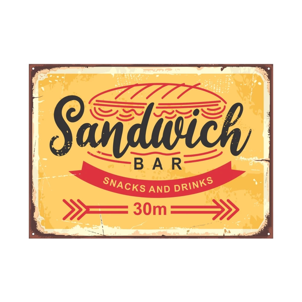 Vintage-Metallschild mit gelbem Hintergrund und roter Schrift für eine Sandwich-Bar Snacks- und Getränke-Location