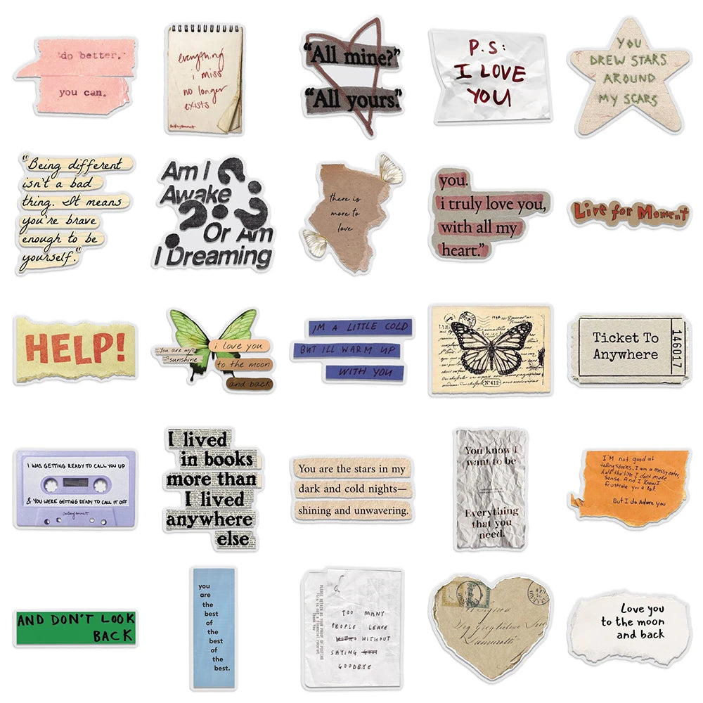 A collection of vintage English phrase stickers and decals for various surfaces.
