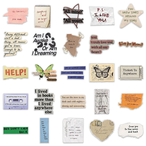 A collection of vintage English phrase stickers and decals for various surfaces.