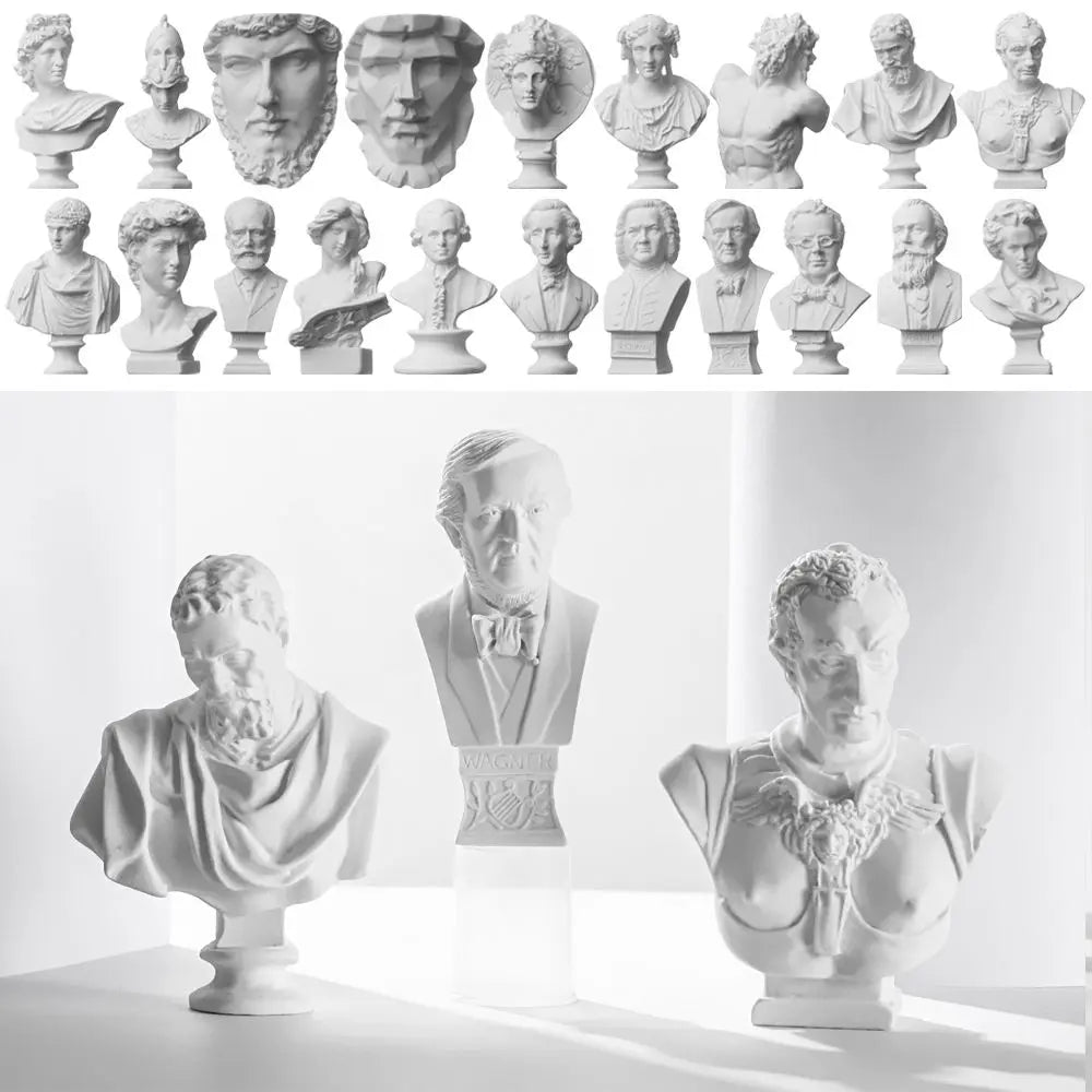 A collection of plaster bust miniatures depicting classical Greek mythology figures.