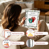 A woman is holding a spiral gift card book with Christmas designs, showing details about the high-quality paper and clear pri