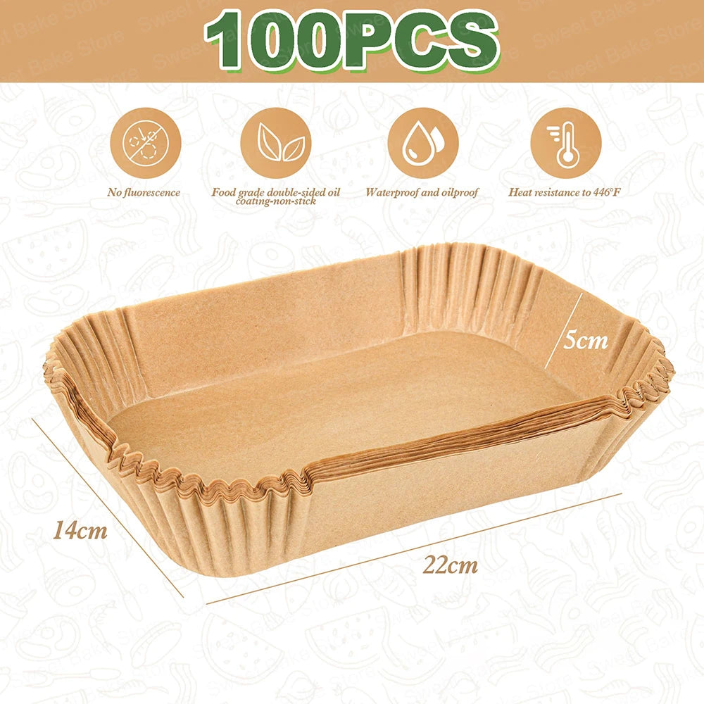 A rectangular disposable parchment paper liner for an air fryer, light tan color, shown from above.