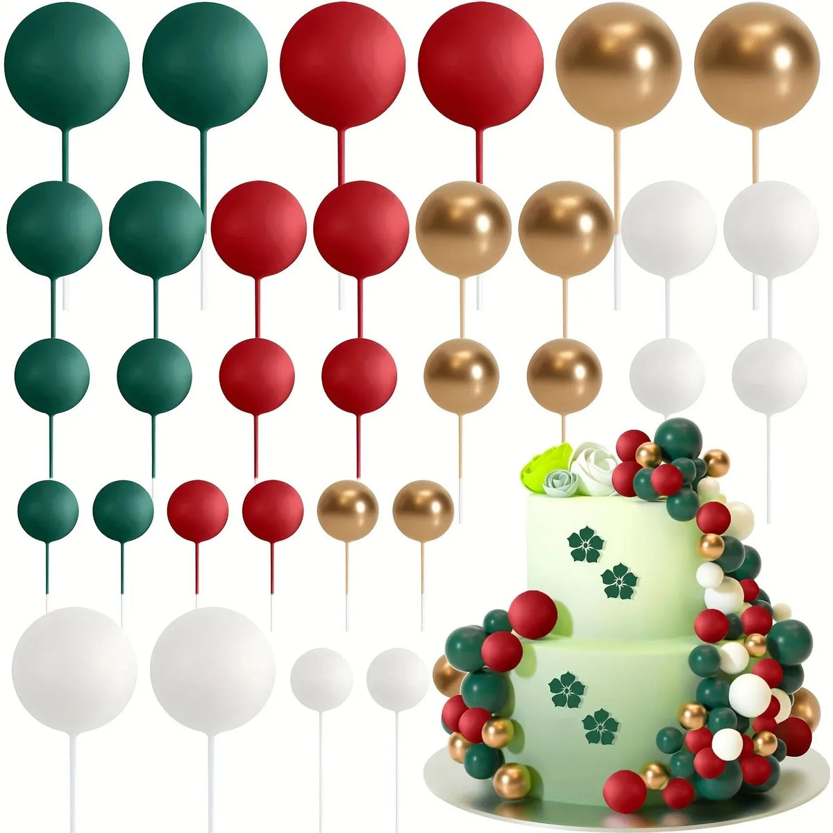 A collection of gold and silver foam ball cake toppers on sticks for party decorations.