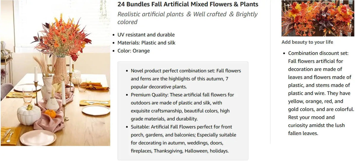 Ein Bund künstlicher Herbstblumen und Pflanzen in orangefarbenen Tönen auf einem Holztablett.