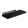 A black wooden floating wall shelf with a metal mounting bracket.