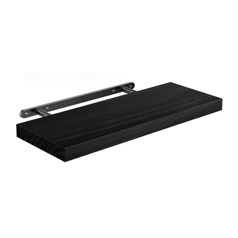 A black wooden floating wall shelf with a metal mounting bracket.