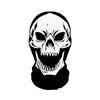 A black and white illustration of a skull face mask with a breathable mesh hood.