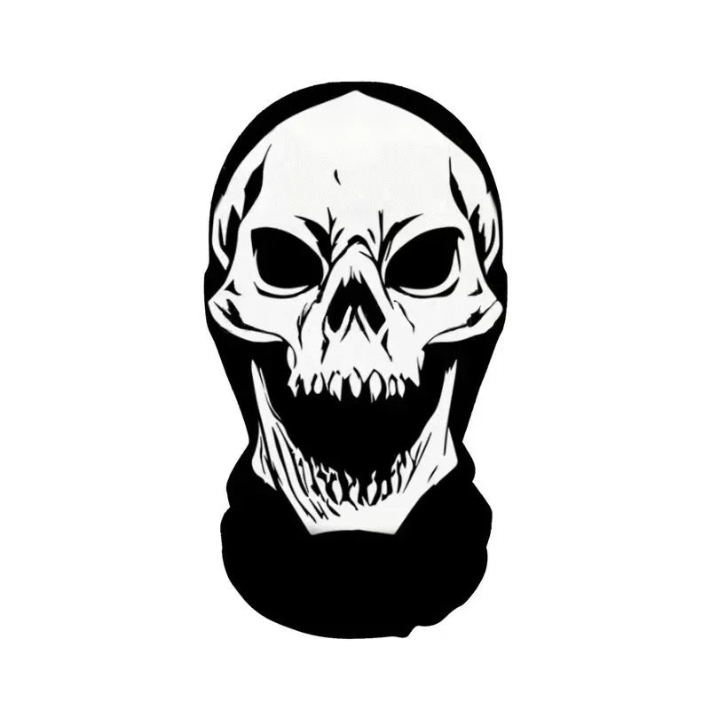 A black and white illustration of a skull face mask with a breathable mesh hood.