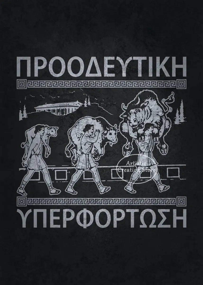 A black and white graphic print featuring stylized figures and geometric patterns with the title ПРООДЕУТИКΗ and УПЕРФОРΤΩΣΗ.