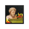 A framed pixel art painting depicting a classical figure in a dark setting with flames.