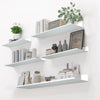 A white floating wall shelf system displaying various jars, books, and greenery.